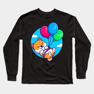 Cute Shiba Inu Dog Floating With Balloon Cartoon Long Sleeve T-Shirt